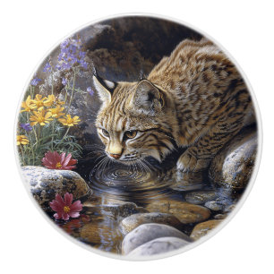 ワイルドフラワー風光明媚な芸術とボブキャット セラミックノブ