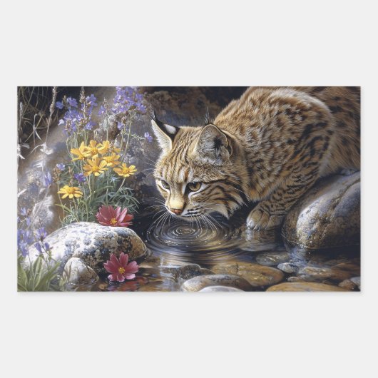 ワイルドフラワー風光明媚な芸術とボブキャット 長方形シール (正面)