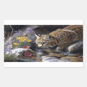 ワイルドフラワー風光明媚な芸術とボブキャット 長方形シール
