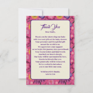 ワイルドフラワー魅力的ピンクの赤ちゃんシャワー サンキューカード