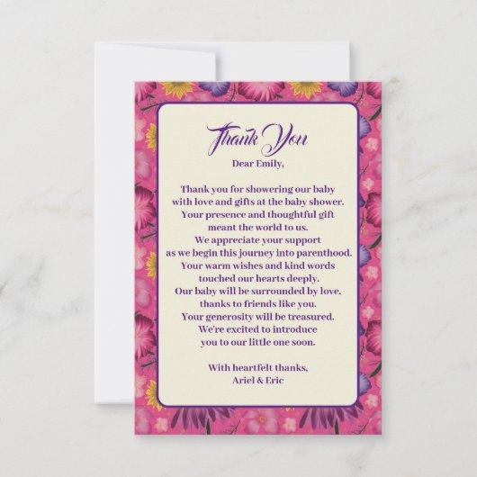 ワイルドフラワー魅力的ピンクの赤ちゃんシャワー サンキューカード (正面)
