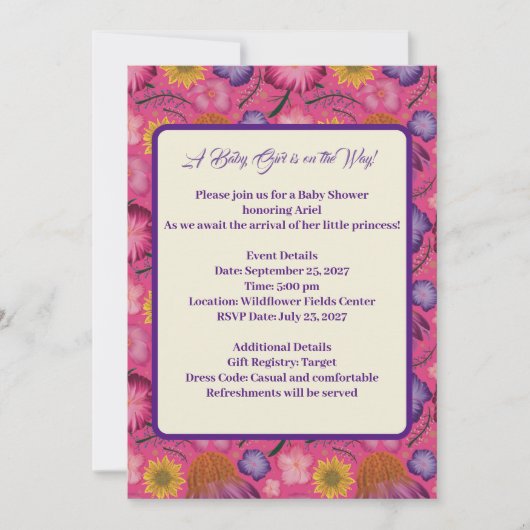 ワイルドフラワー魅力的ピンクの赤ちゃんシャワー 招待状 (正面)