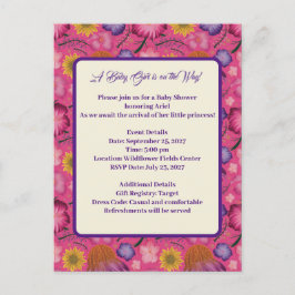 ワイルドフラワー魅力的ピンクベビーシャワー招待状 案内ポストカード