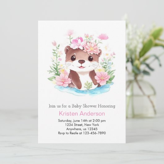 ワイルドフラワー魔法オッターピンクの女の子ベビーシャワー 招待状 (スタンド正面)