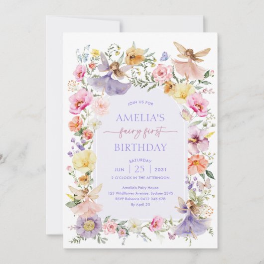 ワイルドフラワー鮮やかフェアリー最初の誕生日パーティー 招待状 (正面)