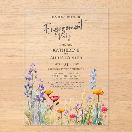 ワイルドフラワー鮮やか婚約パーティエレガント澄ん アクリル招待状 (正面)