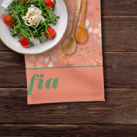 ワイルドフラワー黄色ボホ模様名前をカスタムするオレンジ キッチンタオル