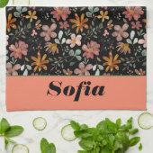 ワイルドフラワー黄色ボホ模様名前をカスタムするブラック キッチンタオル (折り畳み)