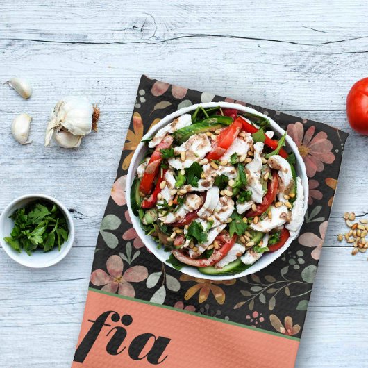 ワイルドフラワー黄色ボホ模様名前をカスタムするブラック キッチンタオル