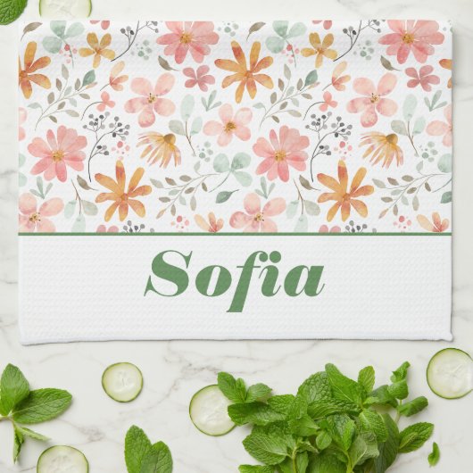 ワイルドフラワー黄色ボホ模様名前をカスタムする白 キッチンタオル (折り畳み)