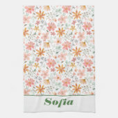 ワイルドフラワー黄色ボホ模様名前をカスタムする白 キッチンタオル (縦)