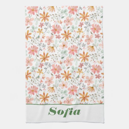 ワイルドフラワー黄色ボホ模様名前をカスタムする白 キッチンタオル (縦)