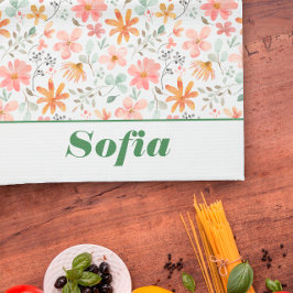 ワイルドフラワー黄色ボホ模様名前をカスタムする白 キッチンタオル