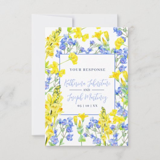 ワイルドフラワー黄青の水色の結婚植物 出欠カード (正面)
