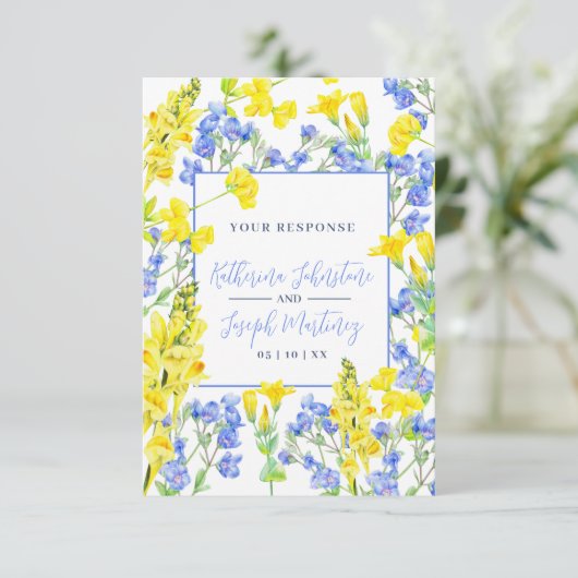 ワイルドフラワー黄青の水色の結婚植物 出欠カード (スタンド正面)