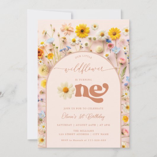 ワイルドフラワー1回目の誕生日モダン 招待状 (正面)