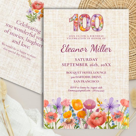 ワイルドフラワー100歳の誕生日パーティ - フラワーナンバー 招待状