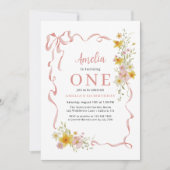 ワイルドフラワー1stバースデーフォトピンクコケットボウ 招待状 (正面)