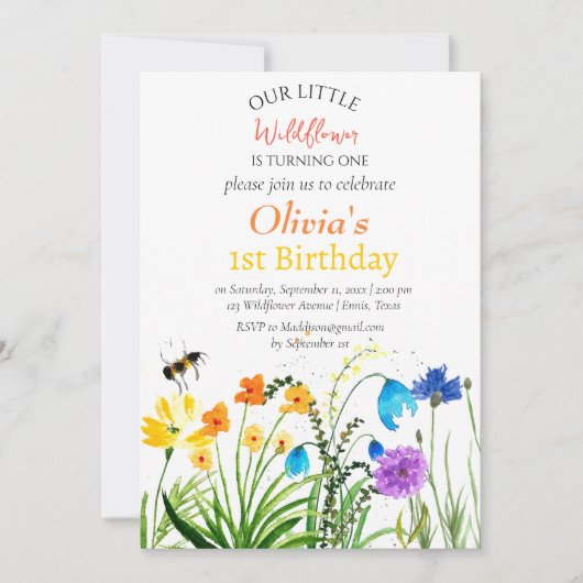 ワイルドフラワー1st第1誕生日レッドブルーフローラ 招待状 (正面)