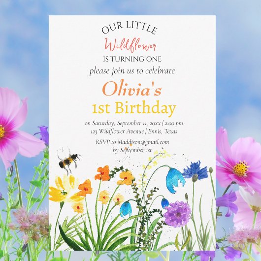 ワイルドフラワー1st第1誕生日レッドブルーフローラ 招待状