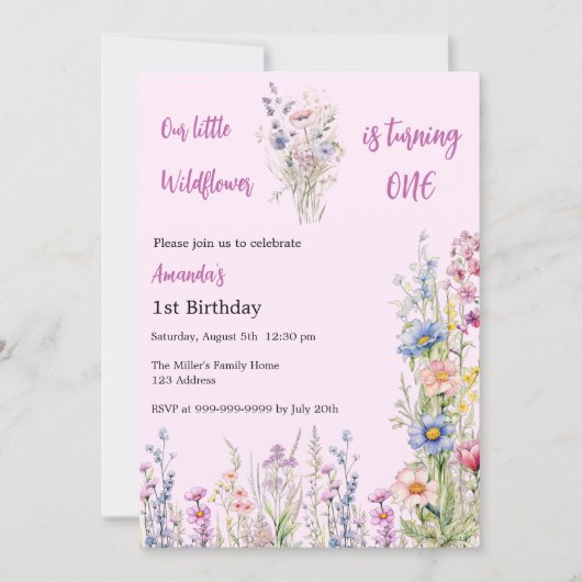 ワイルドフラワー1st誕生日ピンク紫の女の子 招待状 (正面)