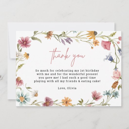 ワイルドフラワー1st誕生日プリント可能サンキューカード 招待状 (正面)