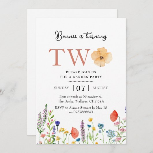 ワイルドフラワー2回目の誕生日の招待状、植物学2回目 招待状 (正面/裏面)