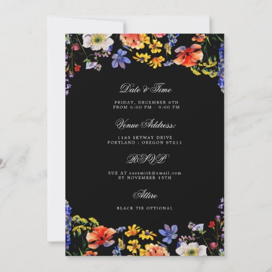 ワイルドフラワー70誕生日日救付詳細黒 招待状 (裏面)