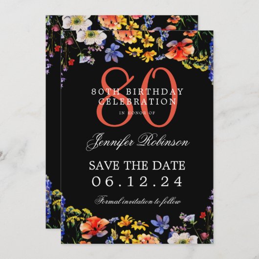 ワイルドフラワー80誕生日日救付詳細黒 招待状 (正面/裏面)