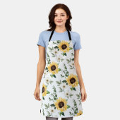 ワイルドフラワー&ひまわり模様モノグラムホワイト エプロン (着用した状態)