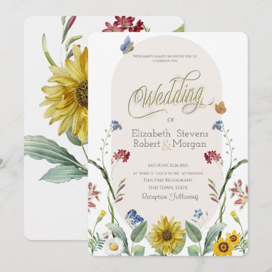 ワイルドフラワー　ひまわり　蝶　ウェディング 招待状 (正面/裏面)