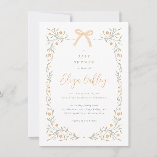 ワイルドフラワー&イエローボウガーデンエレガントベビーシャワー 招待状 (正面)
