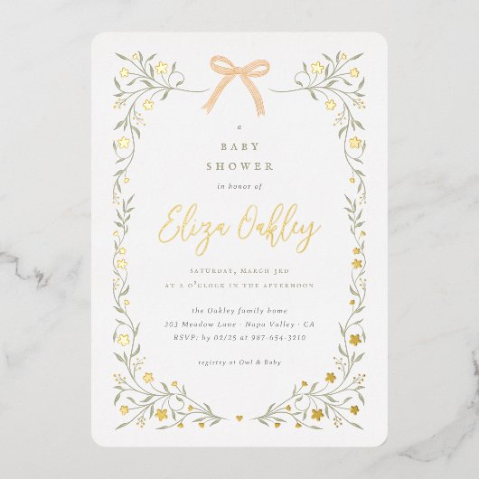 ワイルドフラワー&イエローボウガーデンエレガントベビーシャワー 箔招待状 (正面)