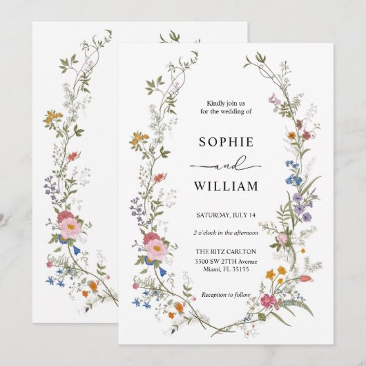 ワイルドフラワー ウェディング 招待状 テンプレート, 印刷可能 (正面/裏面)