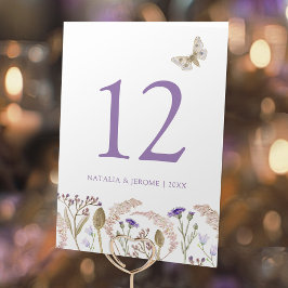 ワイルドフラワー グラス 水彩 秋の結婚式 紫 テーブルナンバー