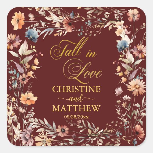 ワイルドフラワー ゴールド '恋に落ちる' エレガントなウェディング スクエアシール (正面)