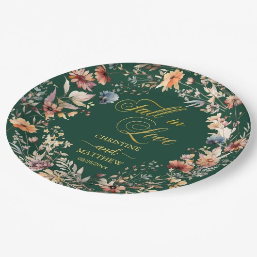 ワイルドフラワー ゴールド '恋に落ちる' エレガントなウェディング ペーパープレート (アングル)