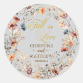 ワイルドフラワー ゴールド '恋に落ちる' エレガントなウェディング ラウンドシール (正面)