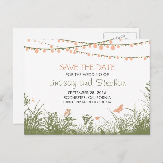 ワイルドフラワー&ストリングライトは日付はがきを保存 案内ポストカード (正面/裏面)