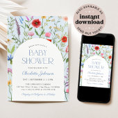 ワイルドフラワー ダスティーブルー 男の子 ベビーシャワー 招待状