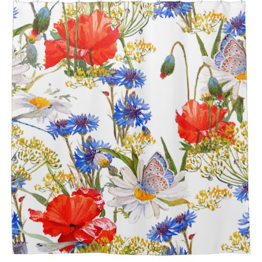 ワイルドフラワー：ダークブルーの水色シームレス シャワーカーテン (正面)