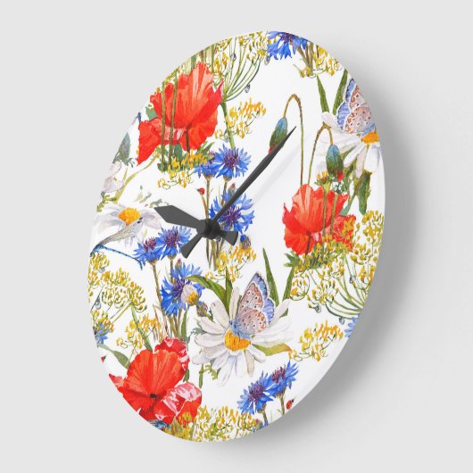 ワイルドフラワー:ダークブルーの水色シームレス ラージ壁時計 (傾斜)