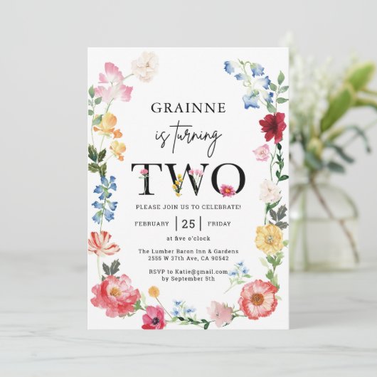ワイルドフラワー テーマの女の子の2歳の誕生日パーティー招待状 招待状 (スタンド正面)