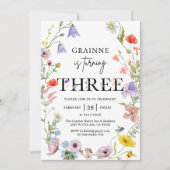 ワイルドフラワー テーマの女の子の3歳の誕生日招待状 招待状 (正面)