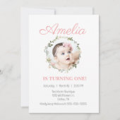 ワイルドフラワー デインティ ピンク フラワー フォト 赤ちゃん 招待状 (正面)