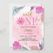 ワイルドフラワー トロピカルリーフ ベビーガール 1歳の誕生日 招待状 (正面)
