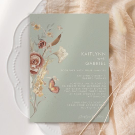 ワイルドフラワー ドライ フローラル セージ 水彩 結婚式 招待状