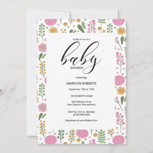 ワイルドフラワー ナチュラル ブルーム フレーム 招待 赤ちゃんシャワー 招待状 (正面)