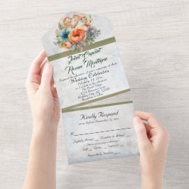 ワイルドフラワー、ハート&セージのリボン オールインワン招待状