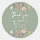 ワイルドフラワー&バタフライセージ緑ブライダルシャワー ラウンドシール (正面)